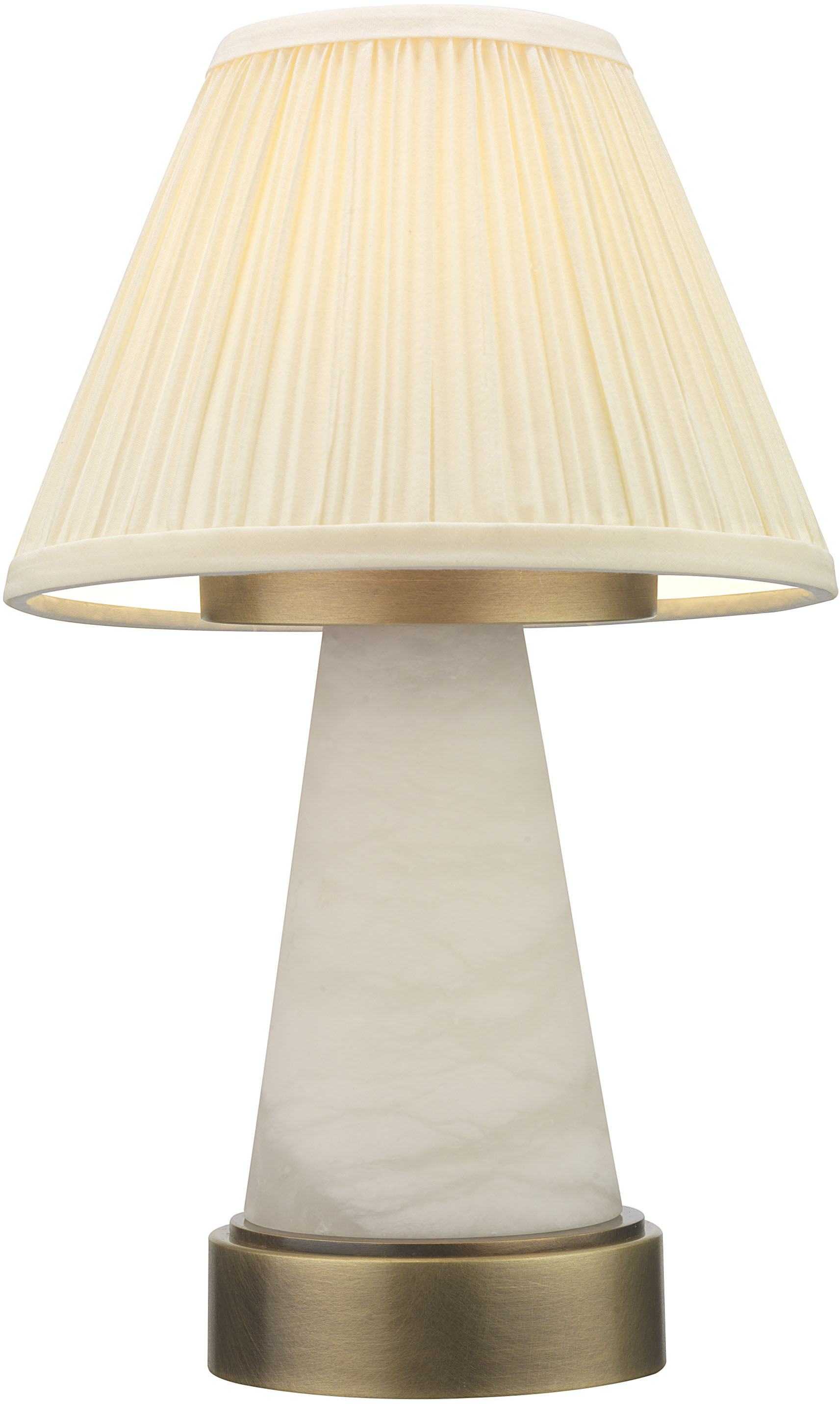 The Sarina rechargeable table light features an alabaster body and brass base detailing.
